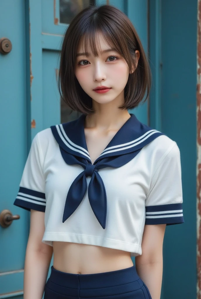  Perfect Composition ,  proper placement , Golden Ratio,  top quality ,  exquisite resolution,  super detailed ,masterpiece,  photorealistic, 8k,  One Beautiful Japanese Woman, mature adult Japanese woman, Black-rimmed glasses,  flat chested:1.331,  slender body:1.331, Thin limbs:1.331,  thin waist :1.331,  thin waist :1.331, COMPLETE ANATOMY :1.331,  have small heads :1.331, Place your hand on your chest,  famous Tokyo Metropolitan High School sailor suit  :1.21, Short sleeve clothing,  white short sleeve sailor suit:1.21,  you can see your belly button  :1.21,  navy blue micro mini skirt , Brown Hair,  BOB CUT HAIR:1.21,  detailed face ,  Delicate Realistic Oily Skin Texture , rusted door background ,  high definition , Dynamic and emotional neon lights,
 