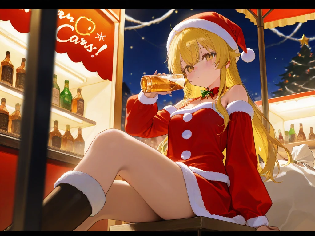 A sexy girl with yellow hair is sitting alone in a food stall and drinking alcohol in a Christmas costume
