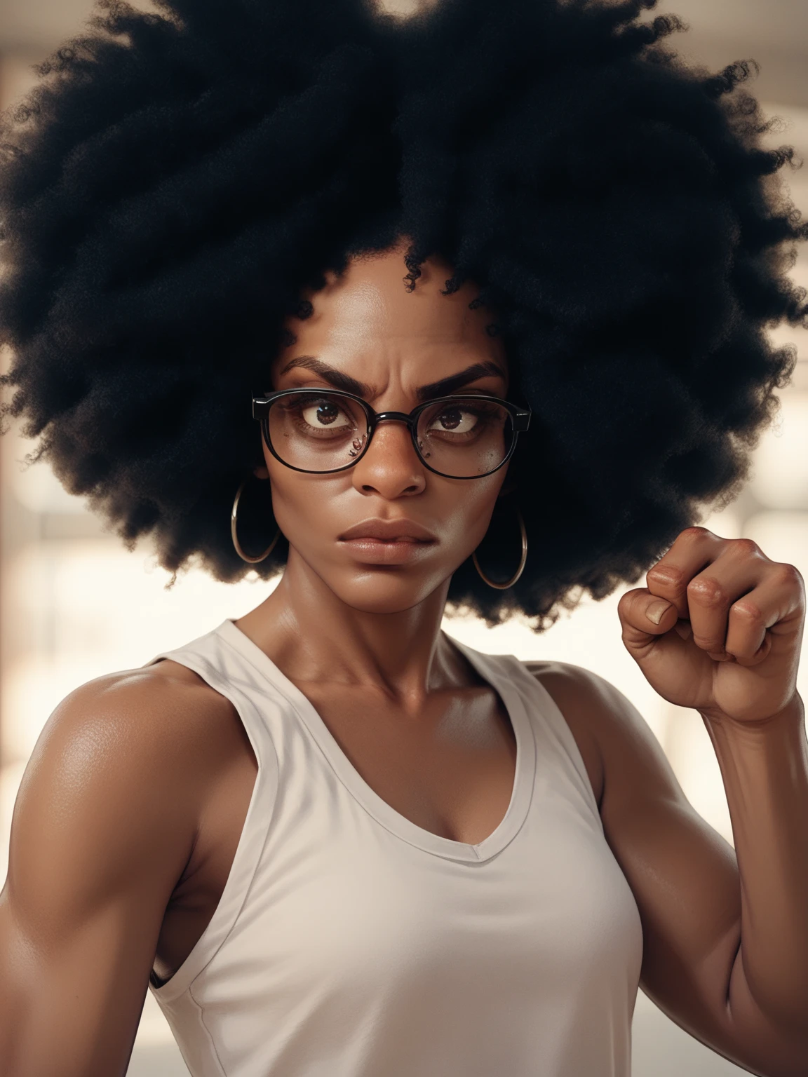  hud_afr0hair, afro, curly black hair, black women with glasses and an afro punching down a skinny vicious white guy