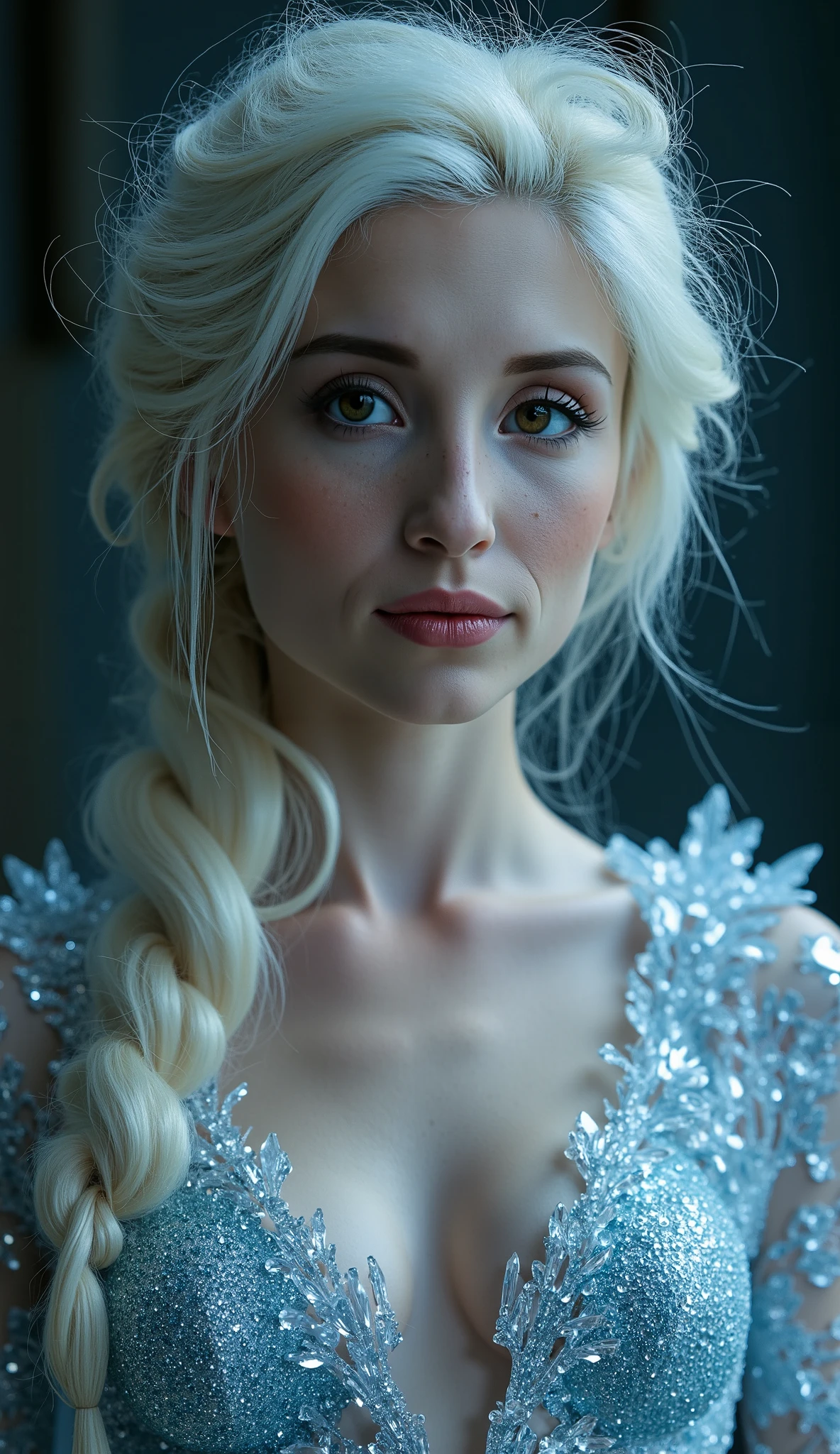 A stunning portrait of Elsa, young and beautiful, hyper realistic, real portrait, backlit, exquisite features, cleavage:1.2, Upper body, Crystal-encrusted Human swedish girl, straddling, The white skin is inlaid with transparent crystal, ((lens)), The structure is made of crystals, Hourglass body, (((slim body))), sexy, (full bottom black), bioluminescent tattoos, cinematic lighting, ((intricate details, Masterpiece, Best quality)). invisible fabric, visible vagina, visible nipples:1.3