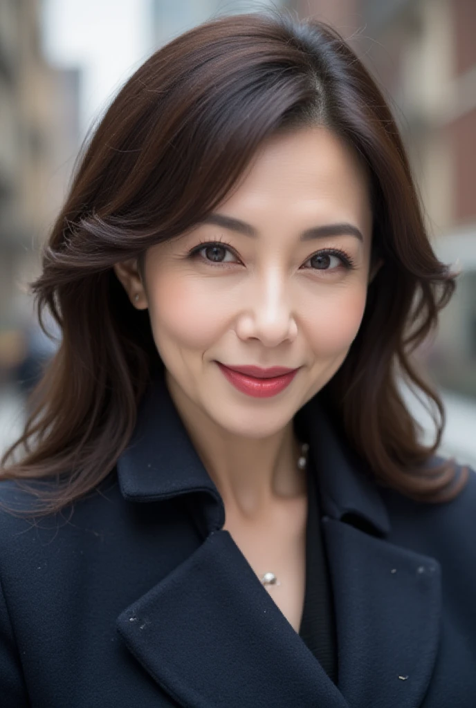 Mature Woman, ( Detailed description of the hair), (Detailed description of the face), (Detailed description of the body), high definition , masterpiece,  top quality ,  high detail, formal: 1.4), ( realistic : 1.2, 超 realistic な: 1.1,  realistic: 1.37), (Sharp focus: 1.4),  is written by,  looking up with moist eyes, wavy hair,  unrivaled beauty , (Ultimate beauty), (lipstick:1.1), ( eyeliner :1.2), ( mascara), ( Eye Shadow ), (48 years old,: 1.4), Japanese、 closeup 、 fine lines of laughter :1.2、seductive smile,(Navy × Chester Coat)、(snowy old cityscape background),((smiling))