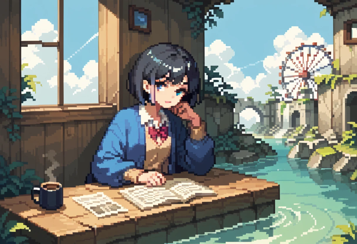  pixel art、solo,2D, beautiful illustration ,from front,throw,Coffee lounge,Sitting facing the Viewer on a square table, looking at viewer,School uniform, Cardigan,black hair ,short hair,bags、Sofa,Window,Submerged ruins view from the window、Ferris Wheel