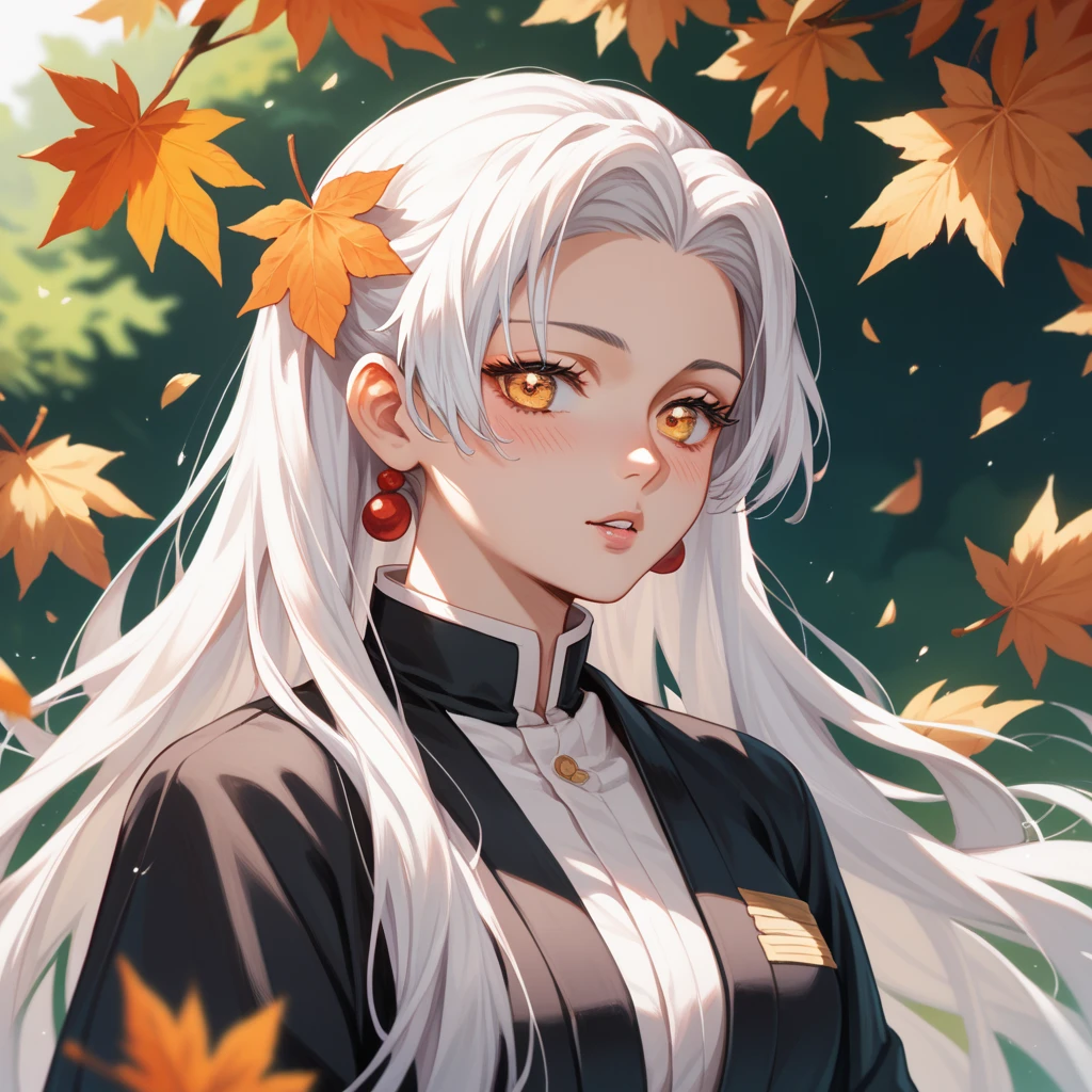 Long white hair, female, golden eyes, orangeish eyes, wearing leaf looking haori, demon slayer art style, 1girl, Solo, Long Hair, High Resolution, Black Hair, White Hair, Blush, Parted Lips, 