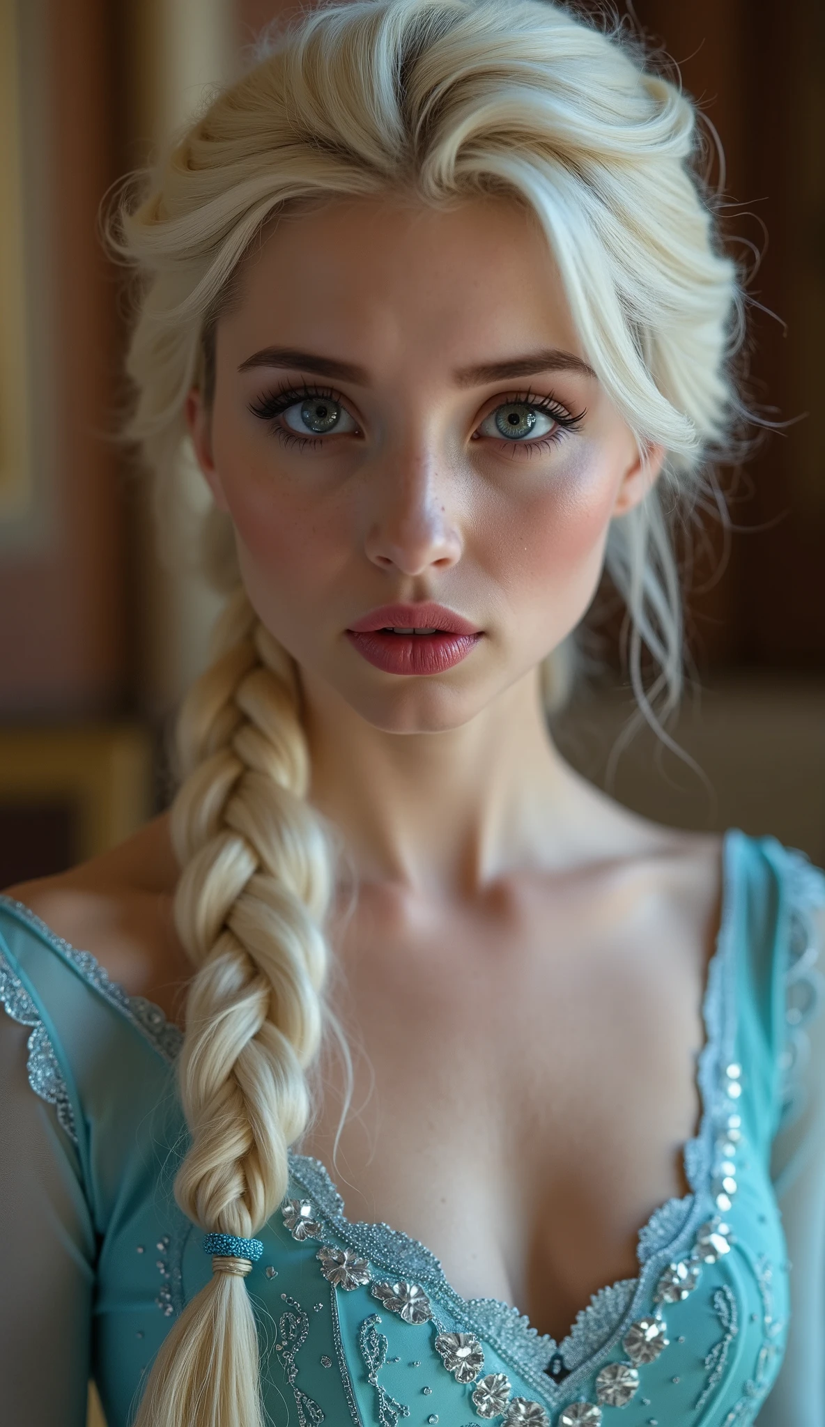 A stunning high angle portrait of piper perri as Elsa puckering her lips, she is sexy , queen of arendelle, young and beautiful, hyper realistic, real portrait, backlit, exquisite features, cleavage, sexy, seductive, interior or an ornate castle ballroom with high ceilings, show skin, blue eyes, she is naked, exposed breasts, puckering her lips in a soft kiss, pink lip gloss