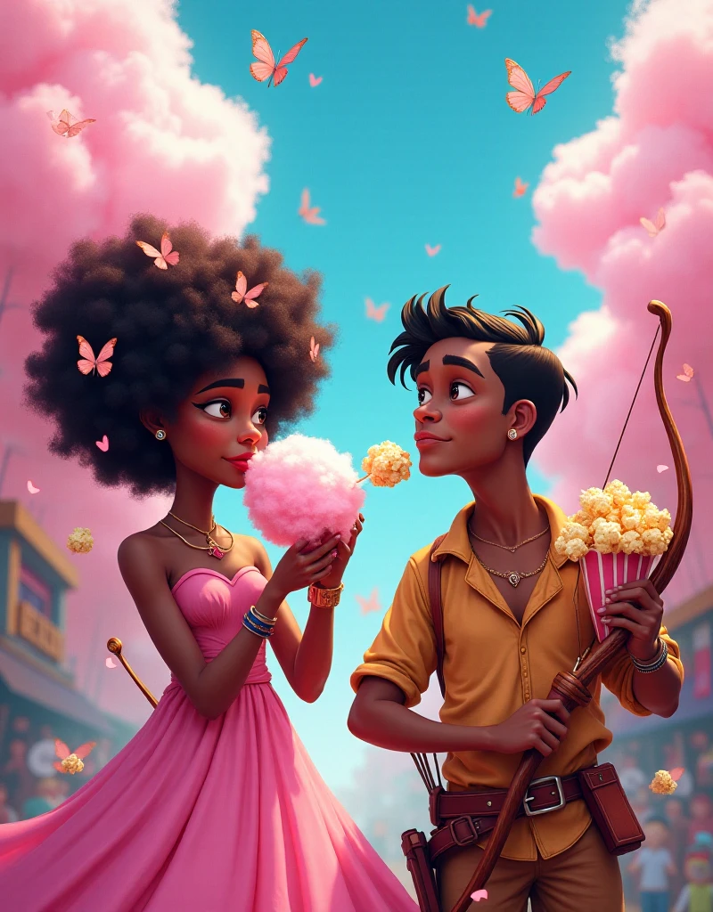 Banner for a stall with the name Cotton Candy and Popcorn, With two ren. The first , : A black woman in a pink dress with butterflies ,with a copper sword and eating cotton candy .The second : a black indian,with bow and arrow eating popcorn.