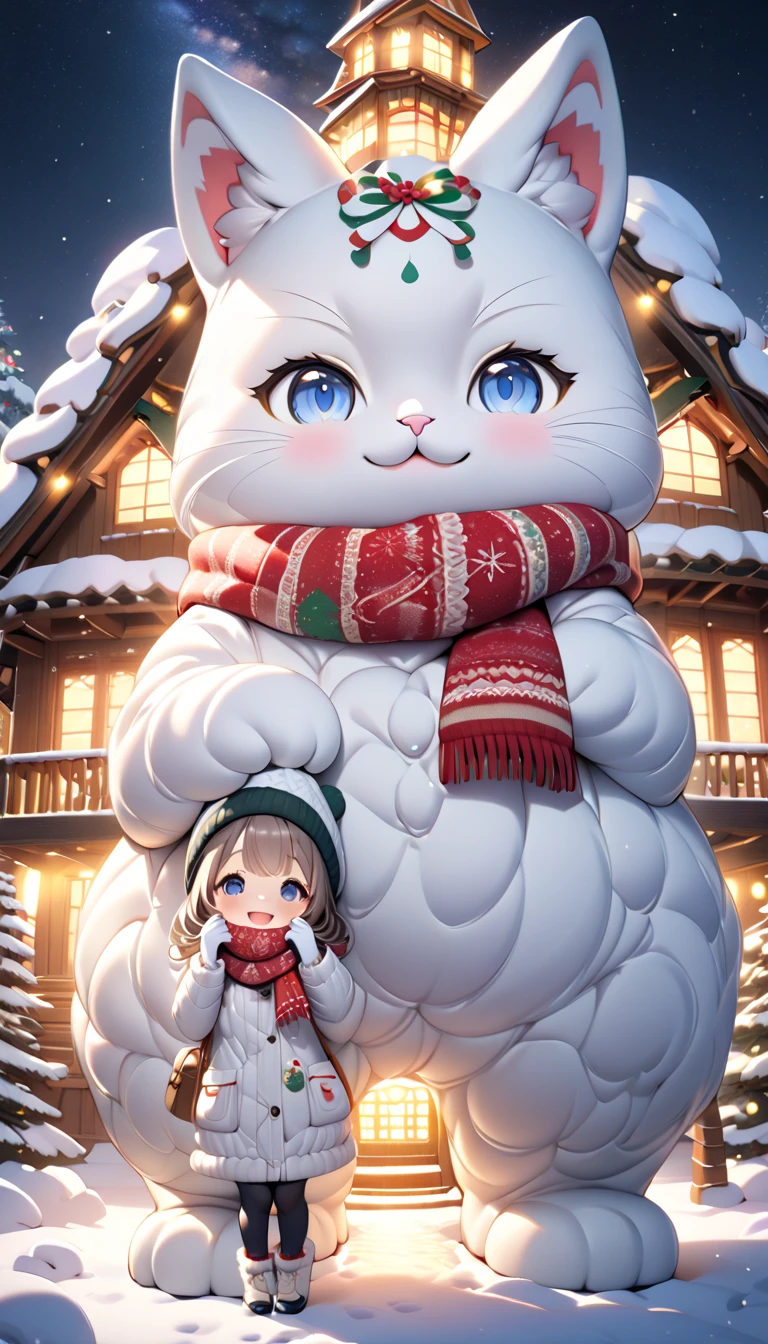 (masterpiece), (ultra-detailed, best quality, clear focus, dramatic scene, cinematic), shadow, (ultra-high resolution, 8k), perfect anatomy, perfect face, (detailed face), (detailed eye), (chibi), cute Japanese chibi girl, famous Japanese chibi idol, very beautiful and cute and cool face, (wearing an cute winter wear with warm pants with scarf and gloves:1.2), knit cap, (large breasts), (She is standing with her cat in front of the gorgeously decorated huge Christmas tree house that looks like a giant fat statue:1.3), at night, snow covered, deep snow, stormy, she is showing smile, dynamic angle, (a very cute giant fat cat is mewing with her), professional lighting, (detailed very cute fluffy cat:1.3), they looks so happy, (gorgeously decorated Christmas tree house with shining Christmas lights:1.3), (spectacular view of snow covered Christmas-tree-house with milky way:1.2)