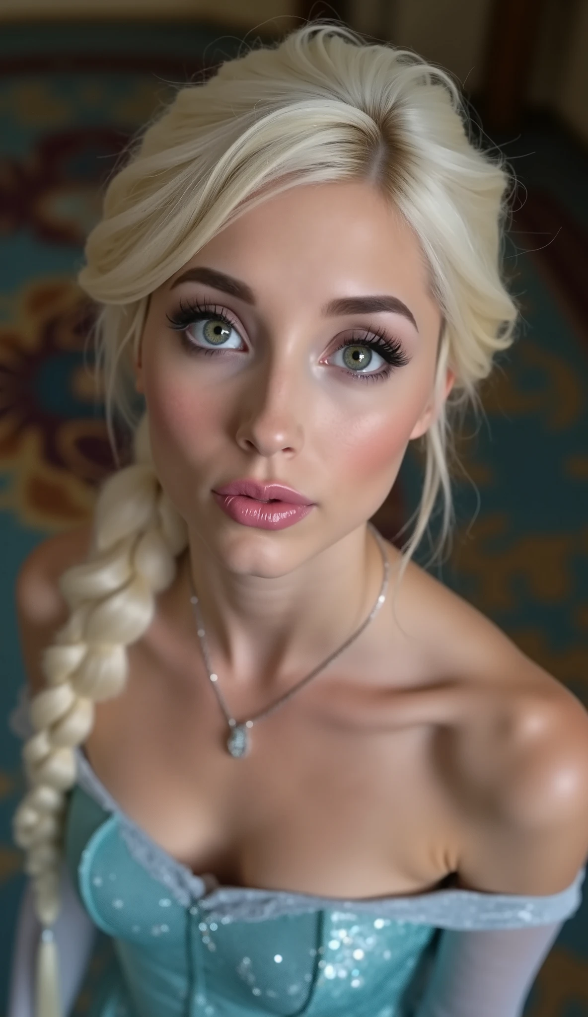 A stunning high angle portrait of piper perri as Elsa puckering her lips, she is sexy , queen of arendelle, young and beautiful, hyper realistic, real portrait, backlit, exquisite features, cleavage, sexy, seductive, interior or an ornate castle ballroom with high ceilings, show skin, blue eyes, she is naked, exposed breasts, puckering her lips in a soft kiss, pink lip gloss