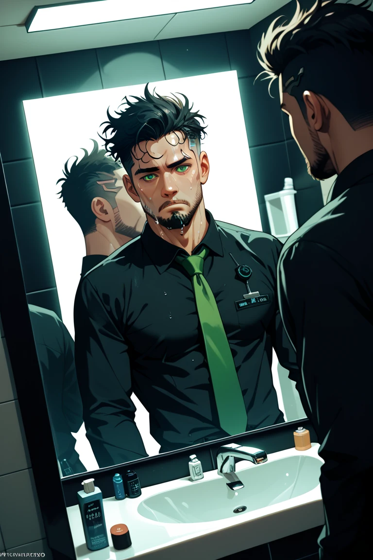 {{upper body, looking in mirror, dutch angle shot}} {{theme: cyberpunk}} {{artist: s1ckh34d}} 1man, man, skinny, frail, pale skin, black hair, messy hair, dark green eyes, light beard, five o' clock shadow, sweaty, black button up shirt, long sleeve, loose green tie, stressed, frown, looking in mirror, interior, dark interior, corporate bathroom, dark lighting, militech, corpo