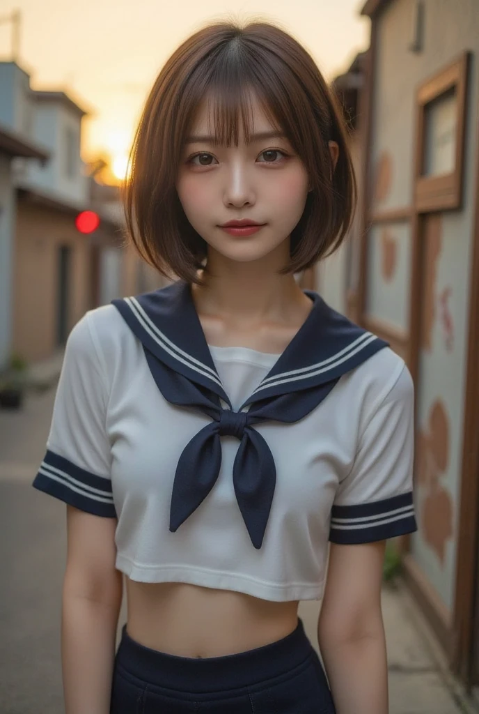  Perfect Composition ,  proper placement , Golden Ratio,  top quality ,  exquisite resolution,  super detailed ,masterpiece,  photorealistic, 8k,  One Beautiful Japanese Woman, mature adult Japanese woman, Black-rimmed glasses:1.331,  flat chested:1.331,  slender body:1.331, Thin limbs:1.331,  thin waist :1.331,  thin waist :1.331, COMPLETE ANATOMY :1.331,  have small heads :1.331, Place your hand on your chest,  famous Tokyo Metropolitan High School sailor suit  :1.21, Short sleeve clothing,  white short sleeve sailor suit:1.21,  you can see your belly button  :1.21,  navy blue micro mini skirt , Brown Hair,  BOB CUT HAIR:1.21,  detailed face ,  Delicate Realistic Oily Skin Texture , rusted door background ,  high definition , Dynamic and emotional neon lights,