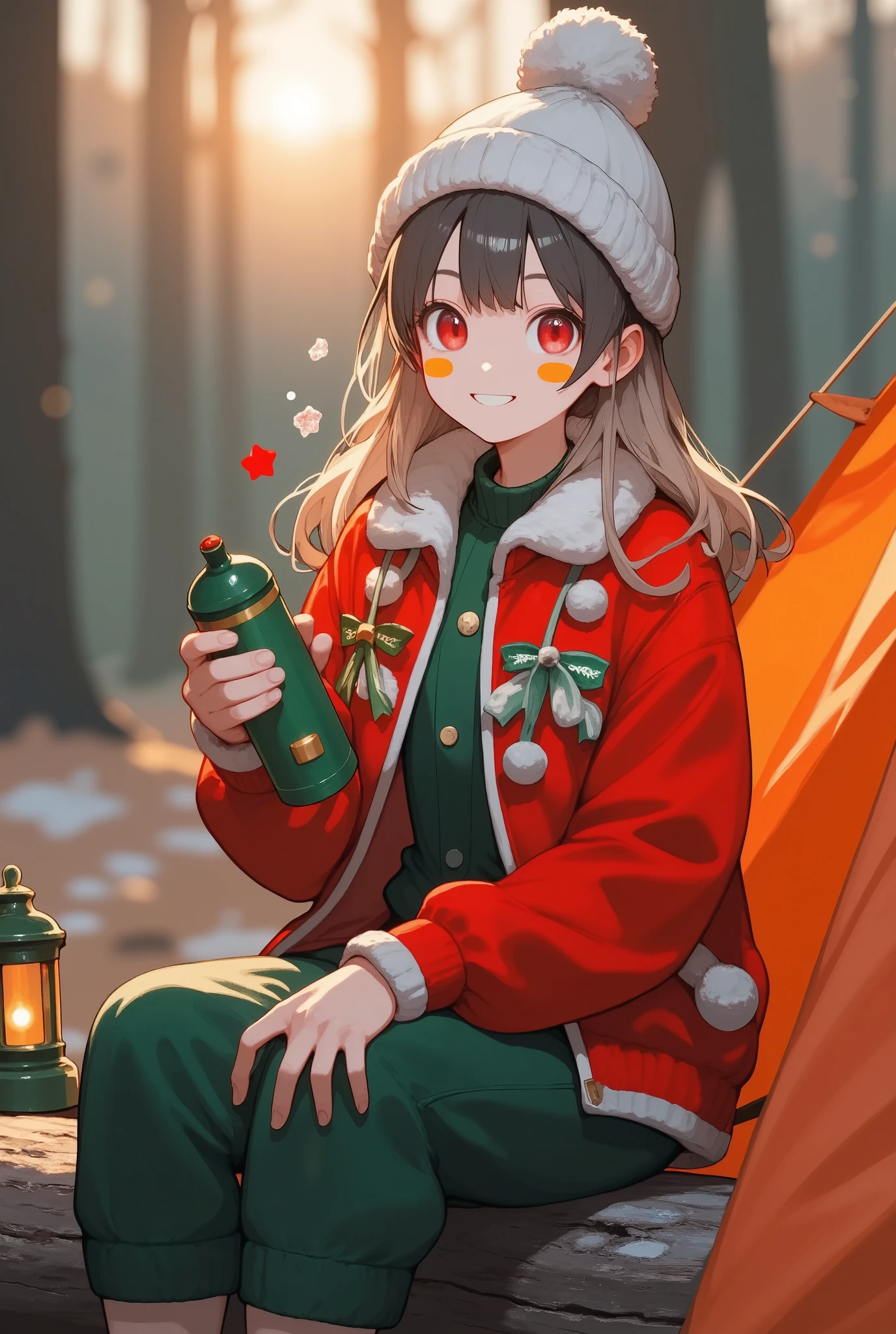 xmas cute, a beautiful young blond woman camping the wood, she wearing an fleece jacket, sweatpants and gray wool hat, she sitting outside of her orange tent on a wood log, she holding a thermos, a light-up camping lantern next to her, winter season, cozy atmosphere, sunset, sunset light, back lighting, depth of field, intricate detailed