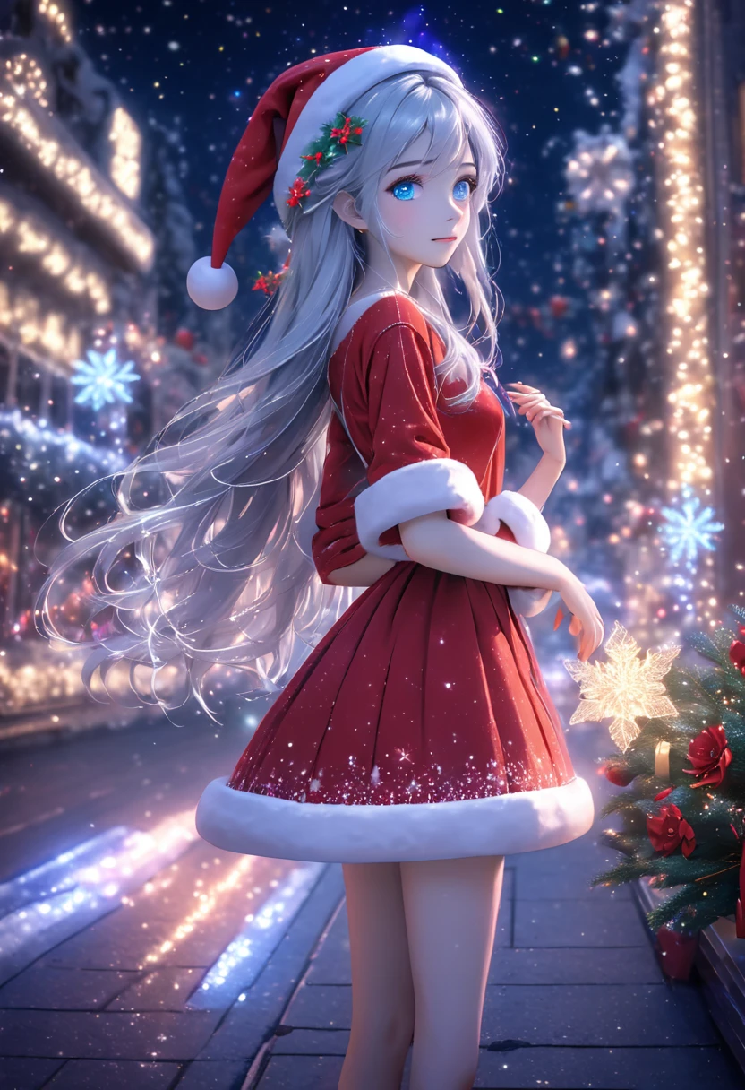 A beautiful woman in a red santa hat under the Christmas tree, Masterpiece of gorgeous girl, sparkling blue eyes, white long wavy hair, fitted violet glittering dress, charming, beautiful, otherwordly, intricate detail, hyperrealism, magical realism, shimmering sparkling air fractals, glowing fairylights