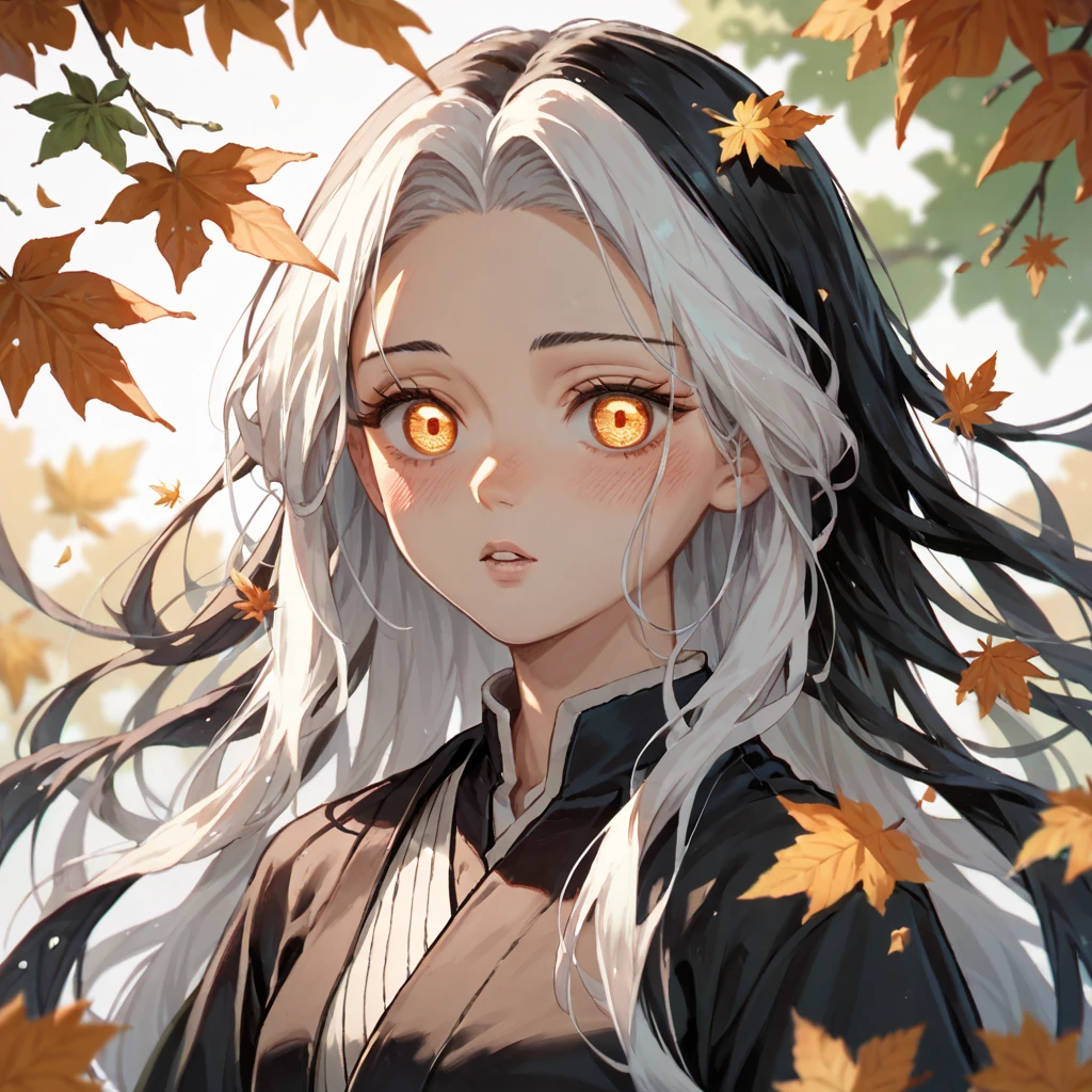 Long white hair, female, golden eyes, orangeish eyes, wearing leaf looking haori, demon slayer art style, 1girl, Solo, Long Hair, High Resolution, Black Hair, White Hair, Blush, Parted Lips, teenager 