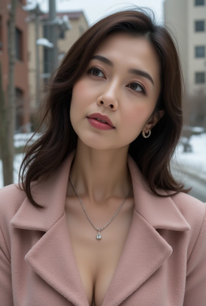 Mature Woman, ( Detailed description of the hair), (Detailed description of the face), (Detailed description of the body), high definition , masterpiece,  top quality ,  high detail, formal: 1.4), ( realistic : 1.2, 超 realistic な: 1.1,  realistic: 1.37), (Sharp focus: 1.4),  is written by,  looking up with moist eyes, wavy hair,  unrivaled beauty , (Ultimate beauty), (lipstick:1.1), ( eyeliner :1.2), ( mascara), ( Eye Shadow ), (48 years old,: 1.4), Japanese、 closeup 、 fine lines of laughter :1.2、seductive smile,(pink beige × peacoat)、(snowy old cityscape background),((smiling))