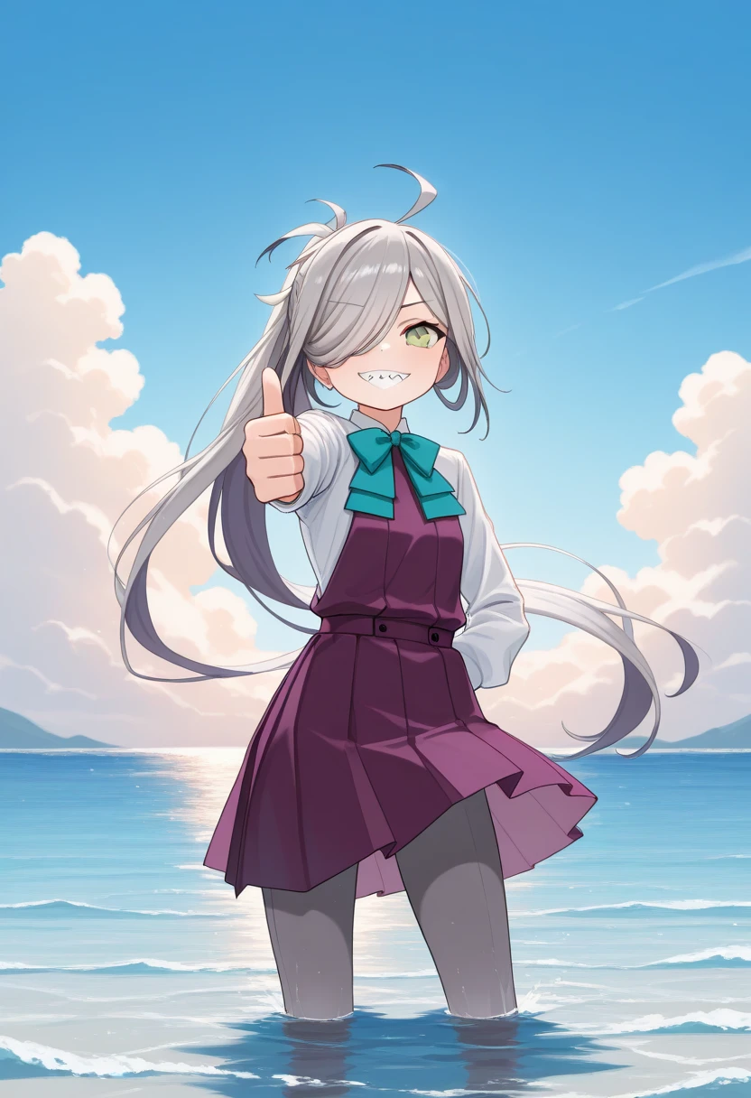 masterpiece, best quality, solo, 1girl, ashmdef, sharp teeth, grin, looking at viewer, standing, outstretched arm, thumbs up, wading, long hair, multicolored hair, grey hair, ahoge, hair over one eye, ponytail, grey eyes, school uniform, purple dress, sleeveless dress, halter dress, pleated dress, white shirt, aqua bowtie, long sleeves, grey pantyhose, outdoors, blue sky, cloud, ocean, water
