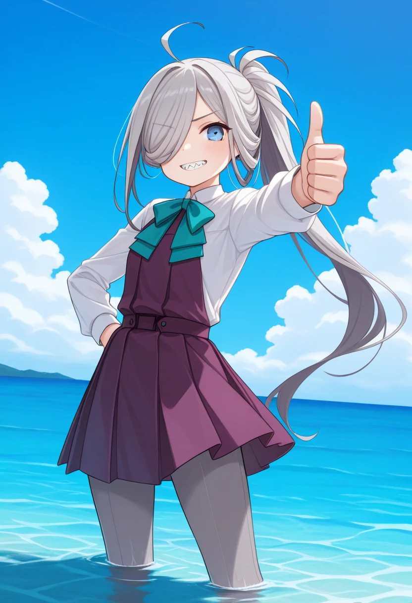 masterpiece, best quality, solo, 1girl, ashmdef, sharp teeth, grin, looking at viewer, standing, outstretched arm, thumbs up, wading, long hair, multicolored hair, grey hair, ahoge, hair over one eye, ponytail, grey eyes, school uniform, purple dress, sleeveless dress, halter dress, pleated dress, white shirt, aqua bowtie, long sleeves, grey pantyhose, outdoors, blue sky, cloud, ocean, water
