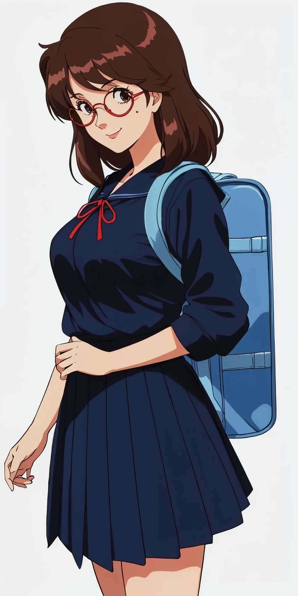 Young woman drawn in 80’s anime art style. 
Retro anime. Vintage Anime. Classical Anime. 
Black Dark Brown HAIR
Long Nihongami Hair
(Round Glasses)
(Round and Circle eyes)
(Light Brown eyes)
(Medium Sized Eyebrows)
(Freckles on Cheek)
(Light Tan Woman)
(Medium Breast)
Seductive Smile

She is wearing a sailor fuku (セーラー服, sērā fuku, sailor outfit) is a common japanese style of uniform worn by women, traditionally by high school female students. 

The uniform generally consists of a sailor-styled blouse attached with a (Navy blue sailor-style collar) and a Dark Navy Blue Sailor Blouse. The length of the long skirt goes down past her ankle.

A ribbon is tied in the front and laced through a loop attached to the sailor blouse. The color is the ribbon is red. (RED RIBBON)

(Dark Navy Blue Sailor Shirt)
(Dark Navy Pleated Skirt)

She is holding a brown briefcase and wearing a backpack. 
She is visiting a High School.

(Solo)
