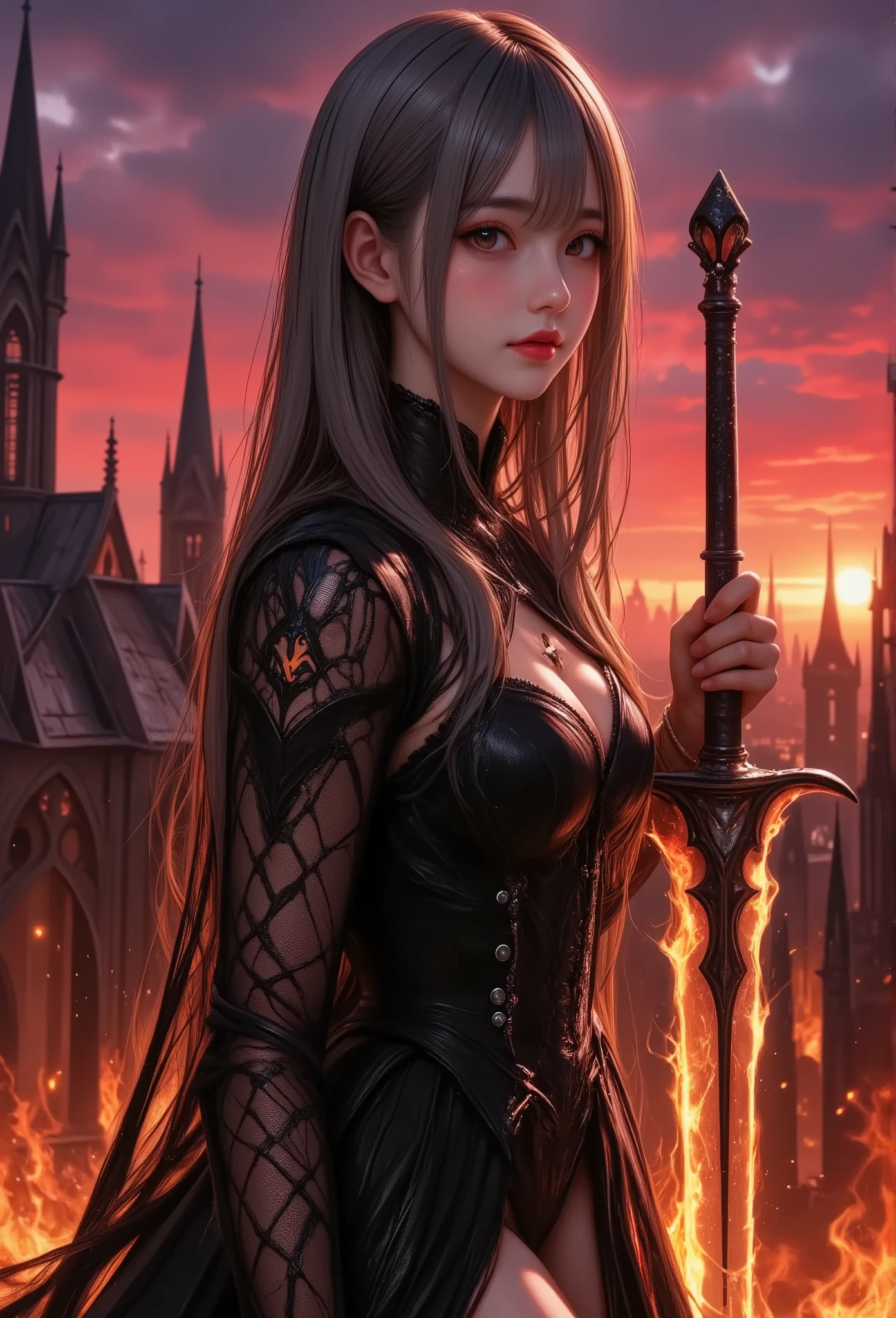 masterpiece, best quality, ultra-detailed, a vivid, high-contrast scene,
1girl\(silver-haired,dramatic black gothic dress,holding massive sword\(that glows with intense red and orange flames,with the fiery glow of the sword casting harsh,Trademark on the blade\(trk\)\), dramatic shadows across her face and the ground, creating a striking visual effect,
background\(dark gothic cityscape,towering spires silhouetted against a vibrant red and purple sky,The bold colors of the sky and the glowing weapon contrast sharply with the deep blacks of her dress, filled with dynamic lighting,Her expression is fierce and determined, as if she’s ready to face a powerful enemy. The overall atmosphere is one of high tension and drama, with the intense colors and sharp contrasts giving the scene a sense of urgency and power\)