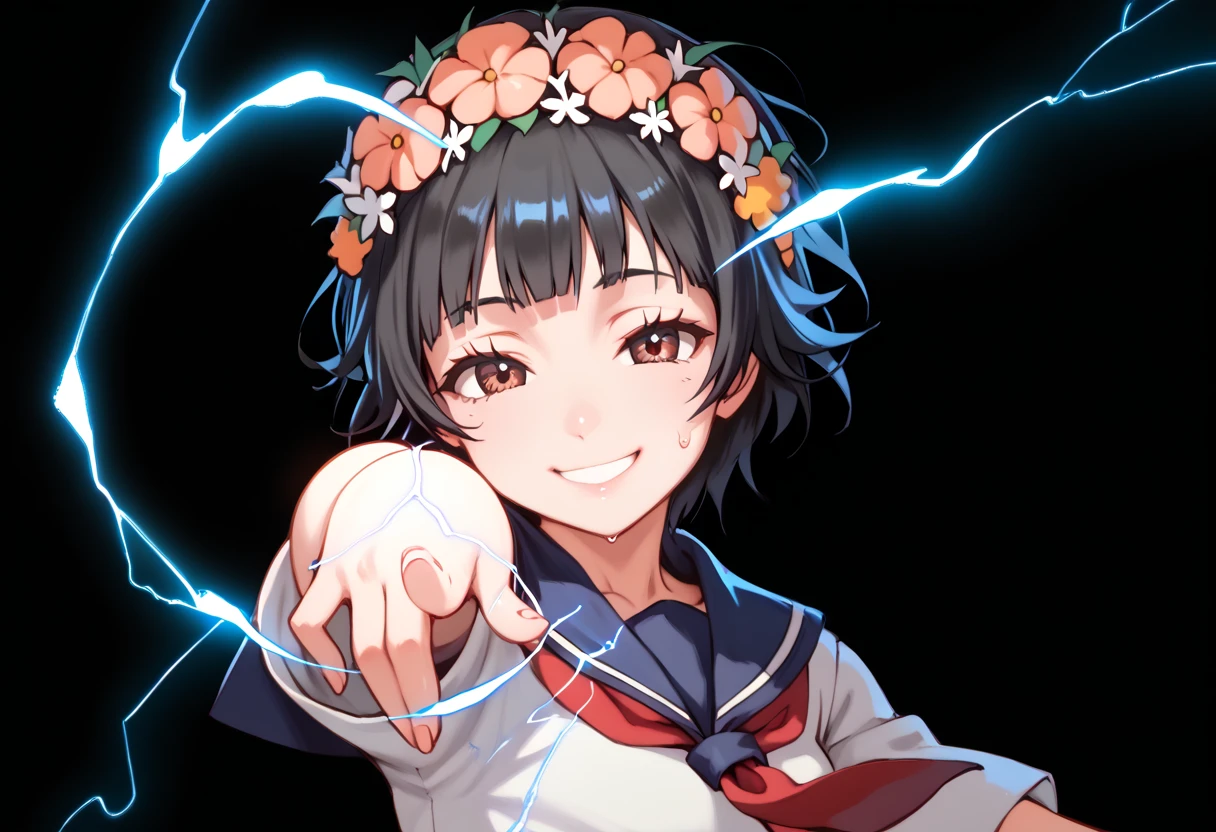 Kazari Uiharu,black hair, short hair, brown eyes, head wreath, hair flower, hair ornament,serafuku, white shirt, red necktie, blue sailor collar, blue skirt,,score_9, score_8_up, score_7_up, ,perfect hands, perfect finger,perfect anatomy, masterpiece, best quality,realistic, hyperrealistic, 16k hdr,1 mature female,black background,sweat,(pointing electricity:1.2), facing viewer, looking at the viewer, electricity, electrokinesis,(smile:1.5),(strong wind:1.3),(tilt head:1.5),(aura:1.5),