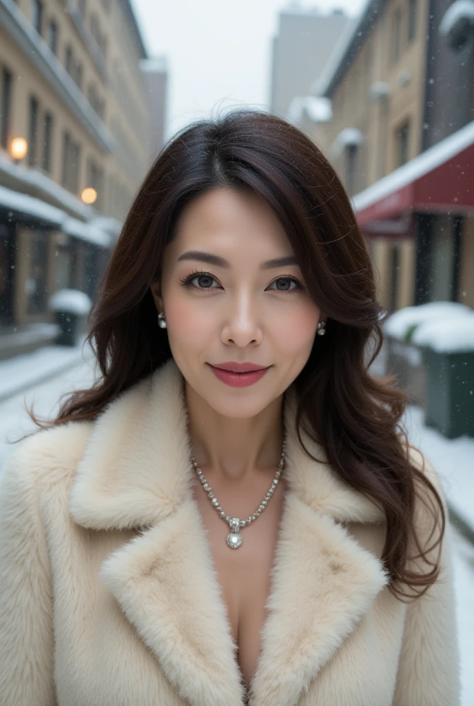 Mature Woman, ( Detailed description of the hair), (Detailed description of the face), (Detailed description of the body), high definition , masterpiece,  top quality ,  high detail, formal: 1.4), ( realistic : 1.2, 超 realistic な: 1.1,  realistic: 1.37), (Sharp focus: 1.4),  is written by,  looking up with moist eyes, wavy hair,  unrivaled beauty , (Ultimate beauty), (lipstick:1.1), ( eyeliner :1.2), ( mascara), ( Eye Shadow ), (48 years old,: 1.4), Japanese、 closeup 、 fine lines of laughter :1.2、seductive smile,(Off-white × faux fur coat)、(snowy old cityscape background),((smiling))