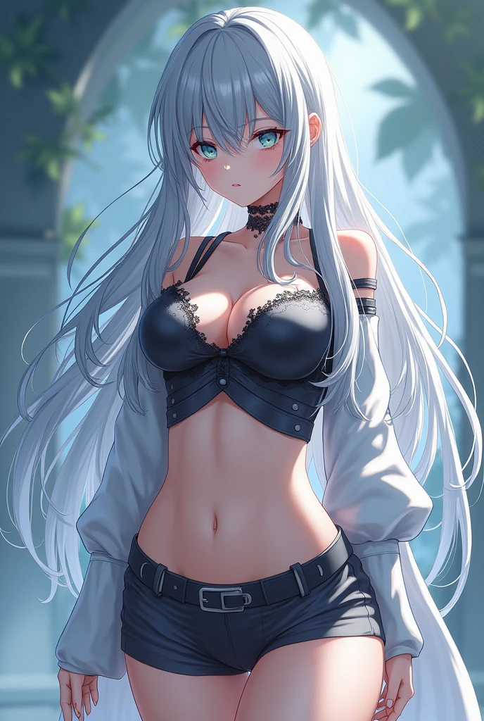 最high quality、best image quality、masterpiece、girl((20-year-old、 By becoming、vest bust、medium bust,wide open breast tea、shining eyes, silver hair、long hair、thin,highest valley、black sports bra、black sports pants、shoulder tattoo,diamond earrings、Wristband、black jacket、necklace、leaning forward、Guts pose)),high quality、beautiful art、background((Beautiful hotel room,in front of the door))、Flight、debris flies、Depth of written boundary、movie、visual art、perfect art、8K,genuine、Dynamic Performance