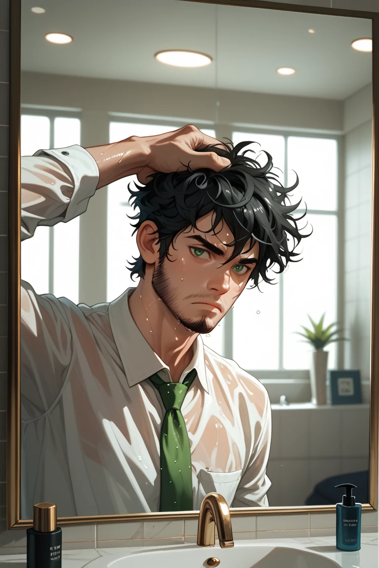 {{upper body, looking in mirror, dutch angle shot}} {{artist: s1ckh34d}} 1man, man, skinny, frail, pale skin, black hair, messy hair, dark green eyes, short beard, five o' clock shadow, sweaty, black button up shirt, long sleeve, loose green tie, stressed, frown, hand on head, looking in mirror, interior, dark interior, corporate bathroom, dark lighting, militech, corpo