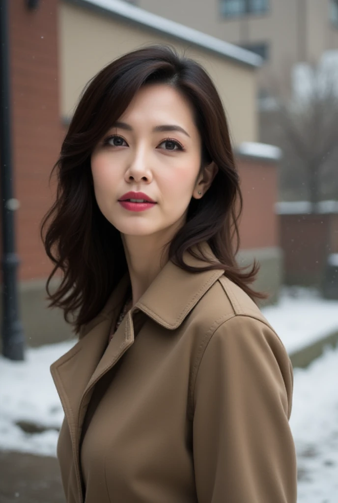 Mature Woman, ( Detailed description of the hair), (Detailed description of the face), (Detailed description of the body), high definition , masterpiece,  top quality ,  high detail, formal: 1.4), ( realistic : 1.2, 超 realistic な: 1.1,  realistic: 1.37), (Sharp focus: 1.4),  is written by,  looking up with moist eyes, wavy hair,  unrivaled beauty , (Ultimate beauty), (lipstick:1.1), ( eyeliner :1.2), ( mascara), ( Eye Shadow ), (48 years old,: 1.4), Japanese、 closeup 、 fine lines of laughter :1.2、seductive smile,(Khaki x Mod's Coat)、(snowy old cityscape background),((smiling))