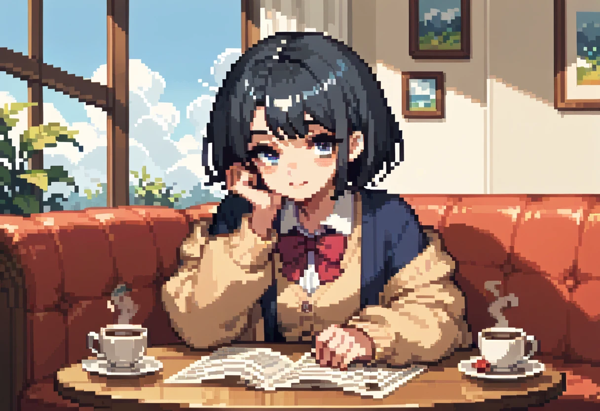  pixel art、solo,2D, beautiful illustration ,from front,throw,Coffee lounge,Sitting facing the Viewer on a square table, looking at viewer,School uniform, Cardigan,black hair ,short hair,bags、Sofa,Window