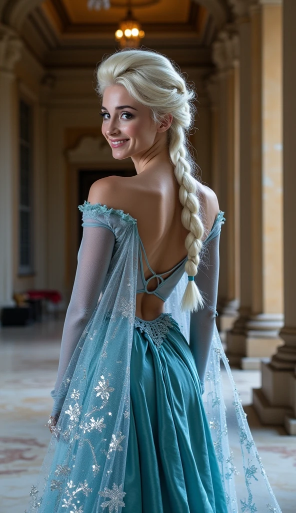 A stunning rear view portrait of piper perri as Elsa smiling , she is sexy , queen of arendelle, young and beautiful, hyper realistic, real portrait, backlit, exquisite features, cleavage, sexy, seductive, interior or an ornate castle ballroom with high ceilings, show skin, blue eyes, exposed bum, round ass, wide hips