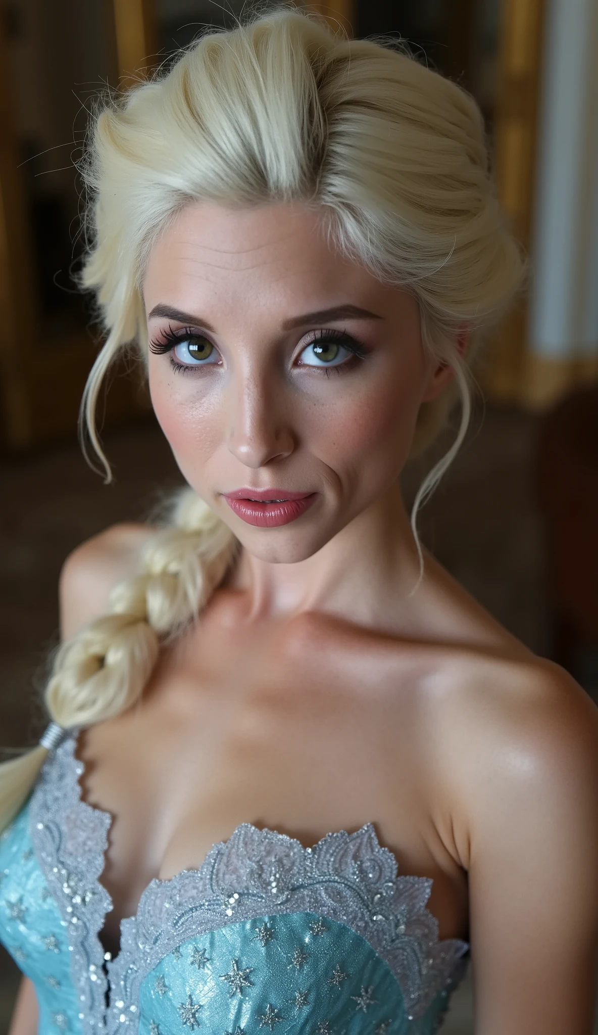 A stunning high angle portrait of piper perri as Elsa smiling , she is sexy , queen of arendelle, young and beautiful, hyper realistic, real portrait, backlit, exquisite features, cleavage, sexy, seductive, interior or an ornate castle ballroom with high ceilings, show skin, blue eyes, she is naked, exposed breasts, puckering her lips in a soft kiss, pink lip gloss