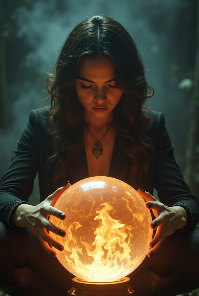 Super close up of a huge flaming crystal ball ,( A beautiful latina woman, dark wavy hair, sexy outfit, thigh high black boots, shrouded in deep fog is dramatically reflected inside the crystal ball:2.0),(The Old Wizard's Room ), fantasy world ,( A wizard woman is putting her hands on a crystal ball:2.0)