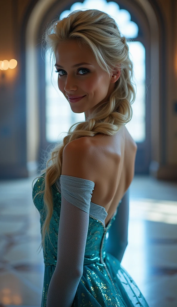 A stunning low angle rear view portrait of Anna Kournikova as Elsa smiling , she is sexy , queen of arendelle, young and beautiful, hyper realistic, real portrait, backlit, exquisite features, cleavage, sexy, seductive, interior or an ornate castle ballroom with high ceilings, show skin, blue eyes, exposed bum