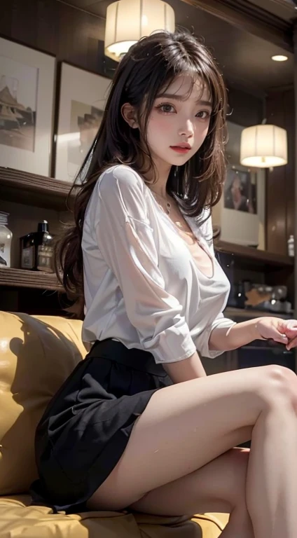 masterpiece, Highest quality, Realistic, Very detailed, Finer details, High resolution, 8k wallpaper, One beautiful woman, Wear a light blue see-through blouse, At the bar counter, At night, Light brown messy hair, Perfect dynamic composition, Beautiful and beautiful eyes、Big earrings、Sitting in a chair、