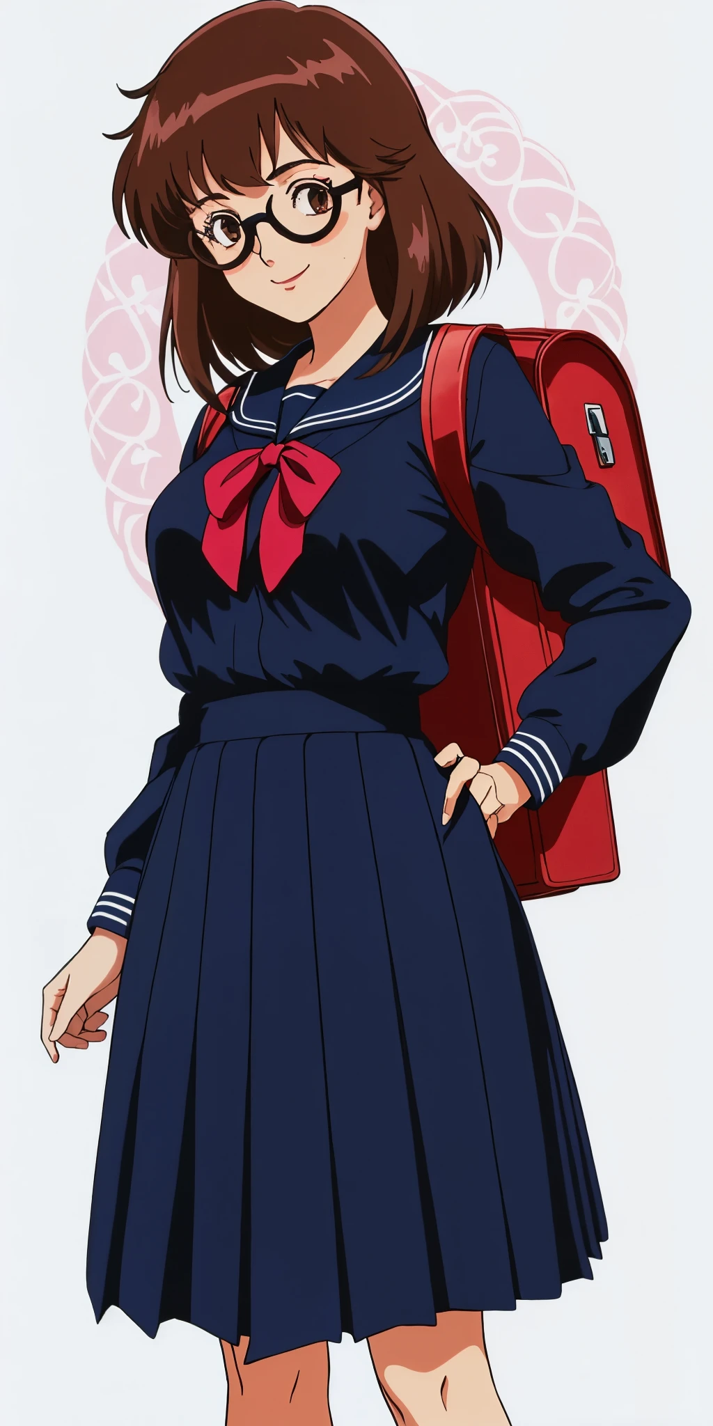 Young woman drawn in 80’s anime art style. 
Retro anime. Vintage Anime. Classical Anime. 
Black Dark Brown HAIR
Long Nihongami Hair
(Round Glasses)
(Round and Circle eyes)
(Light Brown eyes)
(Medium Sized Eyebrows)
(Freckles on Cheek)
(Light Tan Woman)
(Medium Breast)
Seductive Smile

She is wearing a sailor fuku (セーラー服, sērā fuku, sailor outfit) is a common japanese style of uniform worn by women, traditionally by high school female students. 

The uniform generally consists of a sailor-styled blouse attached with a (Navy blue sailor-style collar) and a Dark Navy Blue Sailor Blouse. The length of the long skirt goes down past her ankle.

A ribbon is tied in the front and laced through a loop attached to the sailor blouse. The color is the ribbon is red. (RED RIBBON)

(Dark Navy Blue Sailor Shirt)
(Dark Navy Pleated Skirt)

She is holding a brown briefcase and wearing a backpack. 
She is visiting a High School.

(Solo)
