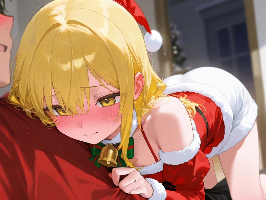 masterpiece, best quality, ultra-detailed, illustration,1girl, looking at viewer, best quality,depth of field,(closed mouth,light smile,blue eyes:1.1),beautiful detailed glow , (santa costume:1.3), blaze (arknights), dress lift, no panties, cum drip, thick cum, creamy cum, cum in pussy, penis in mouth, sitting, 1boy, blowjob