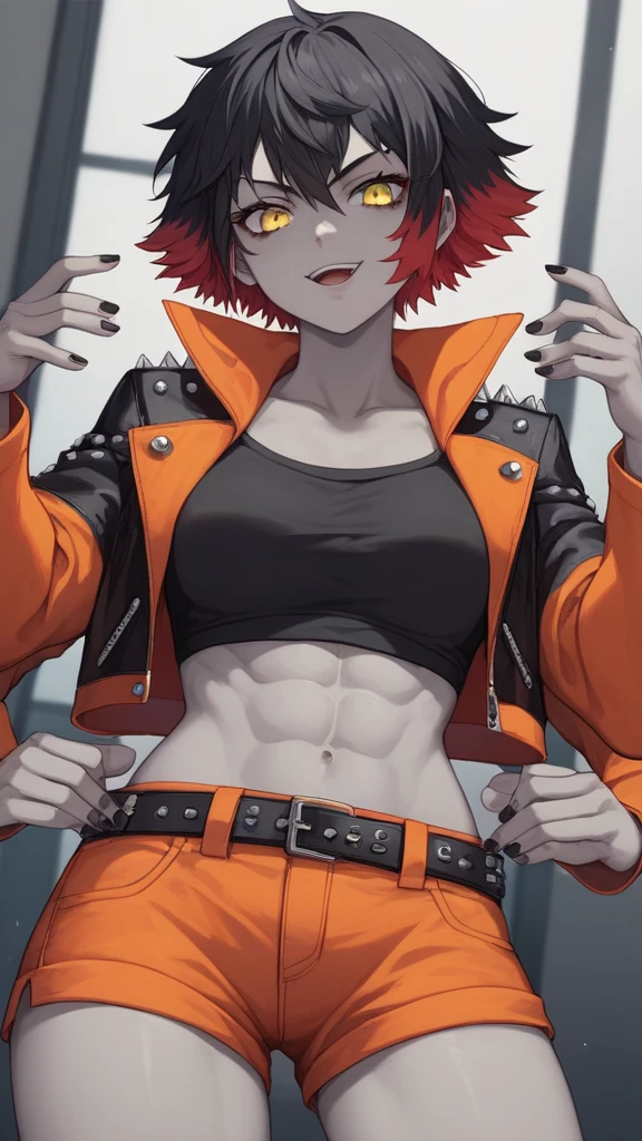 score_9, score_8_up, score_7_up, source_anime,
Susaru , Susaru ,  short hair,  black hair,  yellow eyes ,   red hair , multicolo  red hair ,  two-tone hair , grey skin,
black top, sub-chest,  extra arms, Only two hands, rocker girl, light abs,
 in the room , studded leather long jacket with orange sleeves, the jacket is draped over the shoulders, short black top, orange ragged shorts,
One,  looks at the viewer,  dutch angle, front view, There is a hood on his head, 