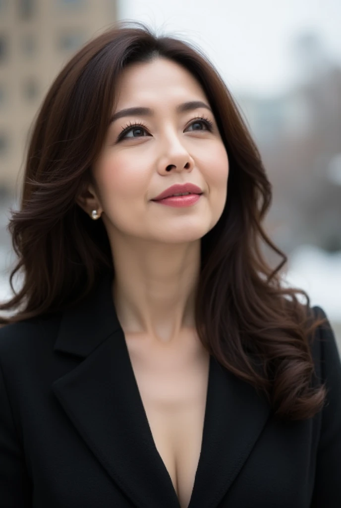 Mature Woman, ( Detailed description of the hair), (Detailed description of the face), (Detailed description of the body), high definition , masterpiece,  top quality ,  high detail, formal: 1.4), ( realistic : 1.2, 超 realistic な: 1.1,  realistic: 1.37), (Sharp focus: 1.4),  is written by,  looking up with moist eyes, wavy hair,  unrivaled beauty , (Ultimate beauty), (lipstick:1.1), ( eyeliner :1.2), ( mascara), ( Eye Shadow ), (48 years old,: 1.4), Japanese、 closeup 、 fine lines of laughter :1.2、seductive smile,(Black x single button coat)、(snowy old cityscape background),((smiling))