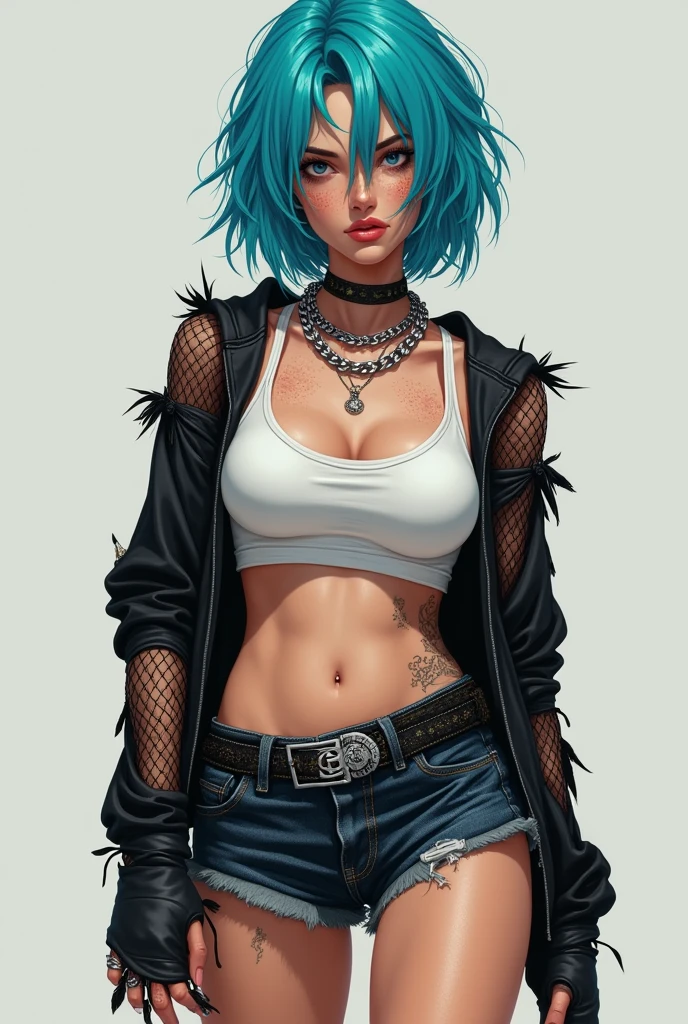 Holo-Punk Style, ((best quality)),((masterpiece)),((strikingly beautiful)), mature, 1girl, solo, high quality, masterpiece, skinny, long hair, messy bangs, black beanie, cyan hair, leather jacket, cyan eyeliner, pale skin, many necklaces, neck tattoo, tattoo on neck, sidewalk, large breasts