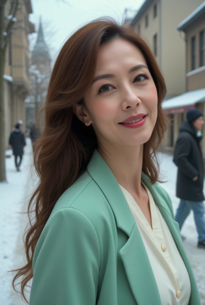 Mature Woman, ( Detailed description of the hair), (Detailed description of the face), (Detailed description of the body), high definition , masterpiece,  top quality ,  high detail, formal: 1.4), ( realistic : 1.2, 超 realistic な: 1.1,  realistic: 1.37), (Sharp focus: 1.4),  is written by,  looking up with moist eyes, wavy hair,  unrivaled beauty , (Ultimate beauty), (lipstick:1.1), ( eyeliner :1.2), ( mascara), ( Eye Shadow ), (48 years old,: 1.4), Japanese、 closeup 、 fine lines of laughter :1.2、seductive smile,(Mint green × scalloped design coat)、(snowy old cityscape background),((smiling))