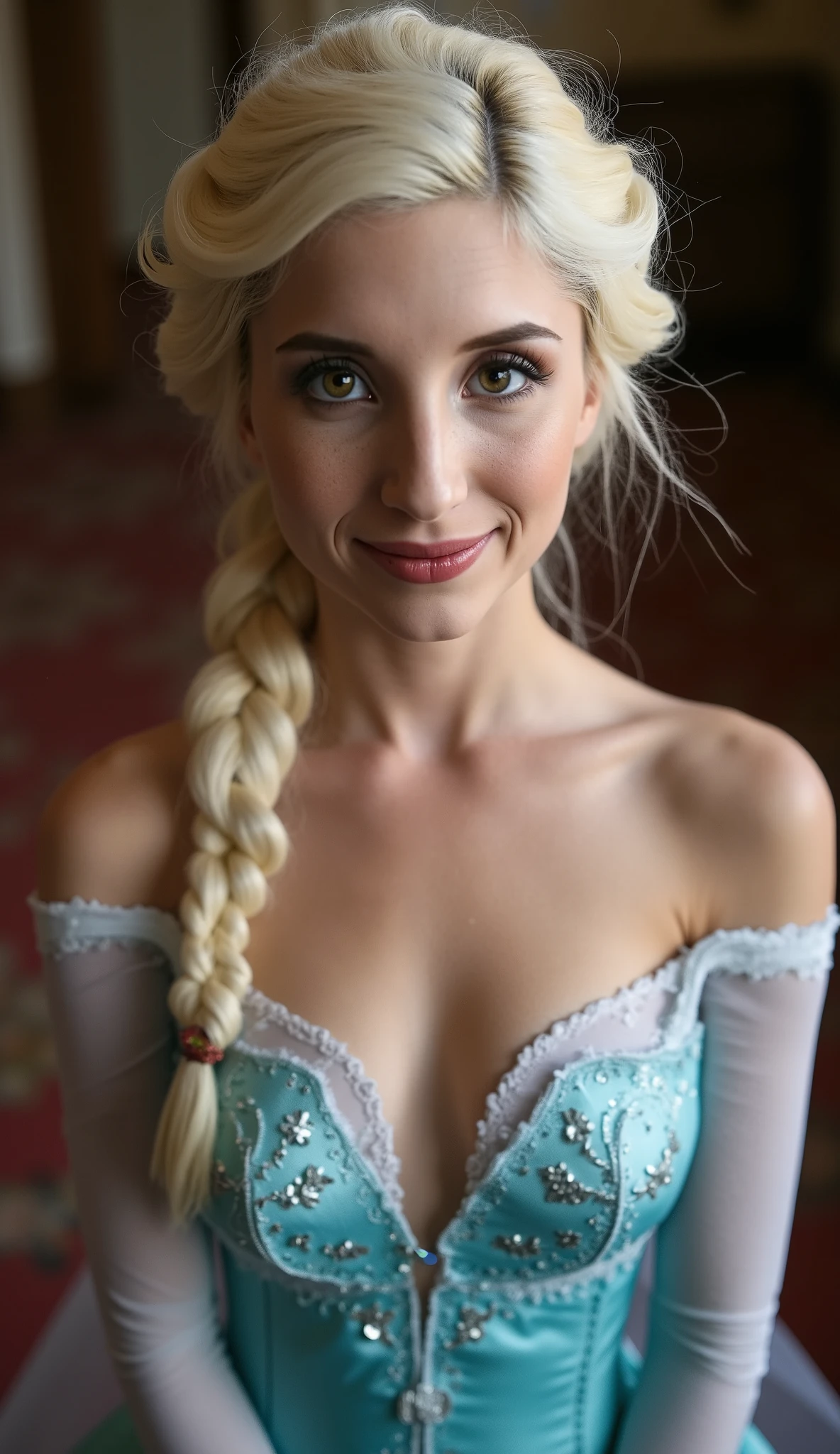 A stunning high angle portrait of piper perri as Elsa smiling , she is sexy , queen of arendelle, young and beautiful, hyper realistic, real portrait, backlit, exquisite features, cleavage, sexy, seductive, interior or an ornate castle ballroom with high ceilings, show skin, blue eyes, she is naked, exposed breasts