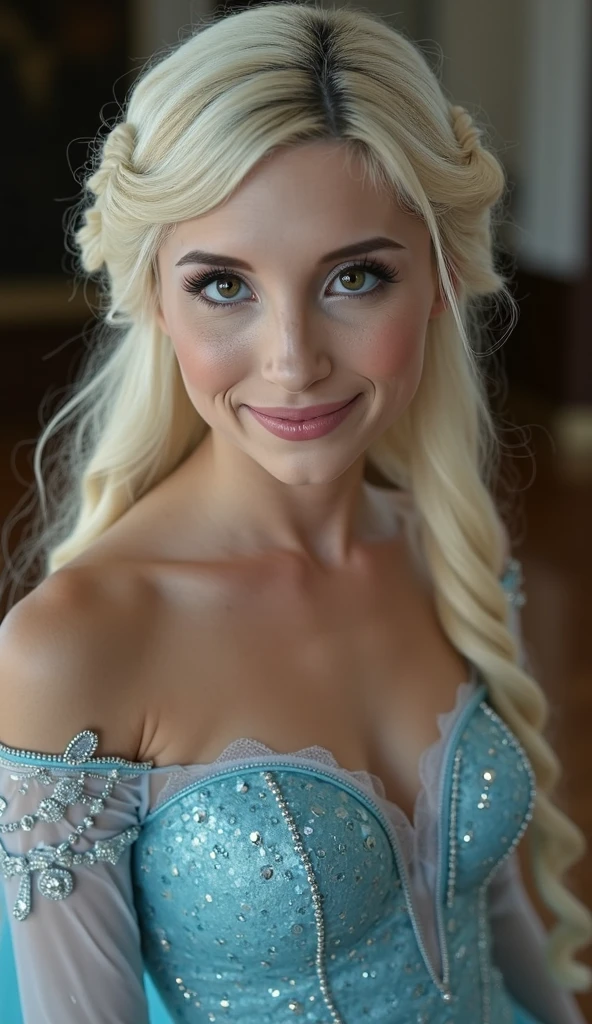 A stunning high angle portrait of piper perri as Elsa smiling , she is sexy , queen of arendelle, young and beautiful, hyper realistic, real portrait, backlit, exquisite features, cleavage, sexy, seductive, interior or an ornate castle ballroom with high ceilings, show skin, blue eyes, she is naked, exposed breasts