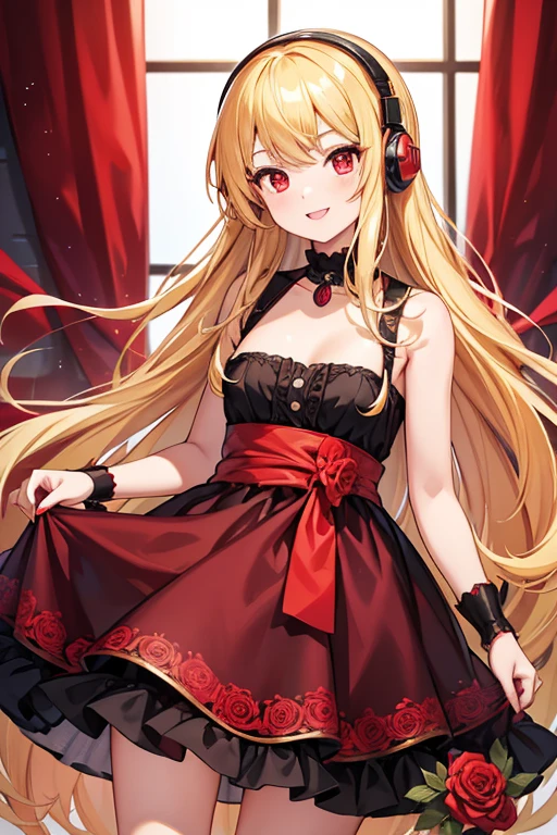 (((Adult woman))), pink eyes, long blonde hair, beautiful red dress