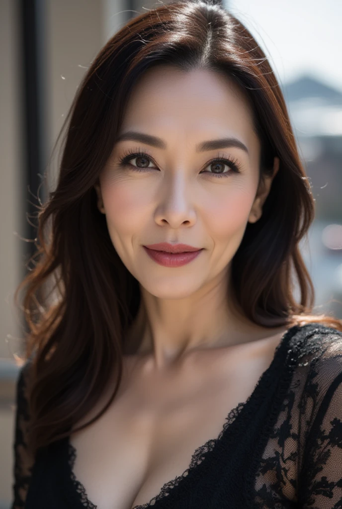 Mature Woman, ( Detailed description of the hair), (Detailed description of the face), (Detailed description of the body), high definition , masterpiece,  top quality ,  high detail, formal: 1.4), ( realistic : 1.2, 超 realistic な: 1.1,  realistic: 1.37), (Sharp focus: 1.4),  is written by,  looking up with moist eyes, wavy hair,  unrivaled beauty , (Ultimate beauty), (lipstick:1.1), ( eyeliner :1.2), ( mascara), ( Eye Shadow ), (48 years old,: 1.4), Japanese、 closeup 、 fine lines of laughter :1.2、seductive smile,(chocolate brown × half coat（Boa Coat）)、(snowy old cityscape background),((smiling))