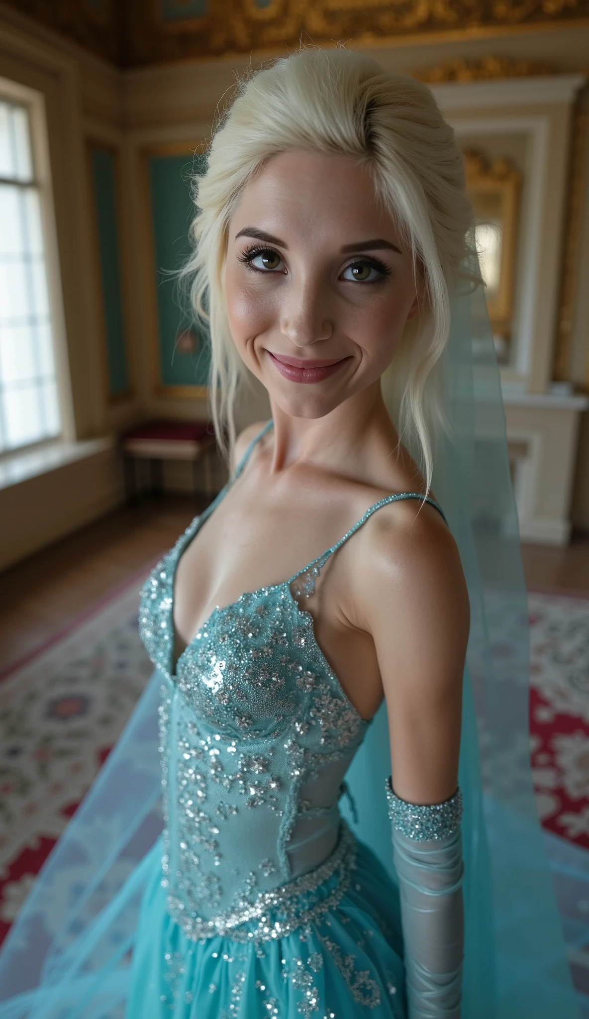 A stunning high angle portrait of piper perri as Elsa smiling , she is sexy , queen of arendelle, young and beautiful, hyper realistic, real portrait, backlit, exquisite features, cleavage, sexy, seductive, interior or an ornate castle ballroom with high ceilings, show skin, blue eyes, she is naked, exposed breasts, her dress is dissolving and translucent 