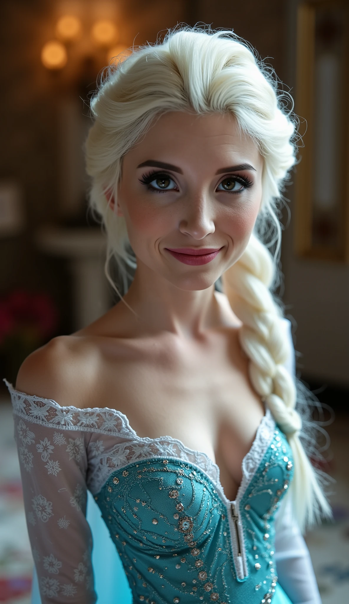 A stunning mid shot of piper perri as Elsa smiling , she is sexy , queen of arendelle, young and beautiful, hyper realistic, real portrait, backlit, exquisite features, cleavage, sexy, seductive, interior or an ornate castle ballroom with high ceilings, show skin, blue eyes, she is naked, exposed breasts