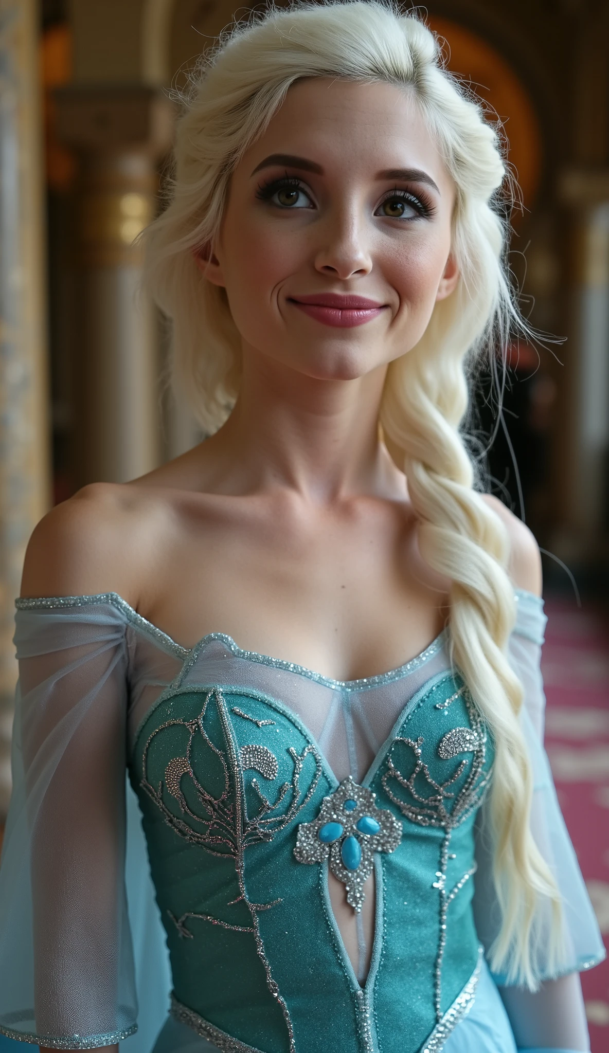 A stunning mid shot of piper perri as Elsa smiling , she is sexy , queen of arendelle, young and beautiful, hyper realistic, real portrait, backlit, exquisite features, cleavage, sexy, seductive, interior or an ornate castle ballroom with high ceilings, show skin, blue eyes, she is naked, exposed breasts