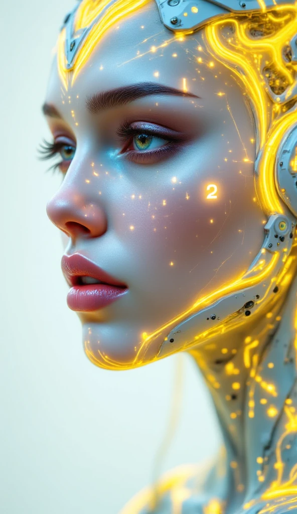 A (((cyborg girl))) with an intricate ((gold dust and lace plugin suit)), colors of (((white and light yellow))), exuding an air of (modern sophistication) against a (dynamic,the scene is framed by her sleek, (((white and gold dust particles) that dance in the (softly glowing light) with a (distinctly high-quality finish). The particles cast a (subtle shadow) that adds depth to the overall image. The girl's body is adorned with (intricate, light yellow-colored lace details) that give off a (vivid contrast) against the (softly glowing white background)