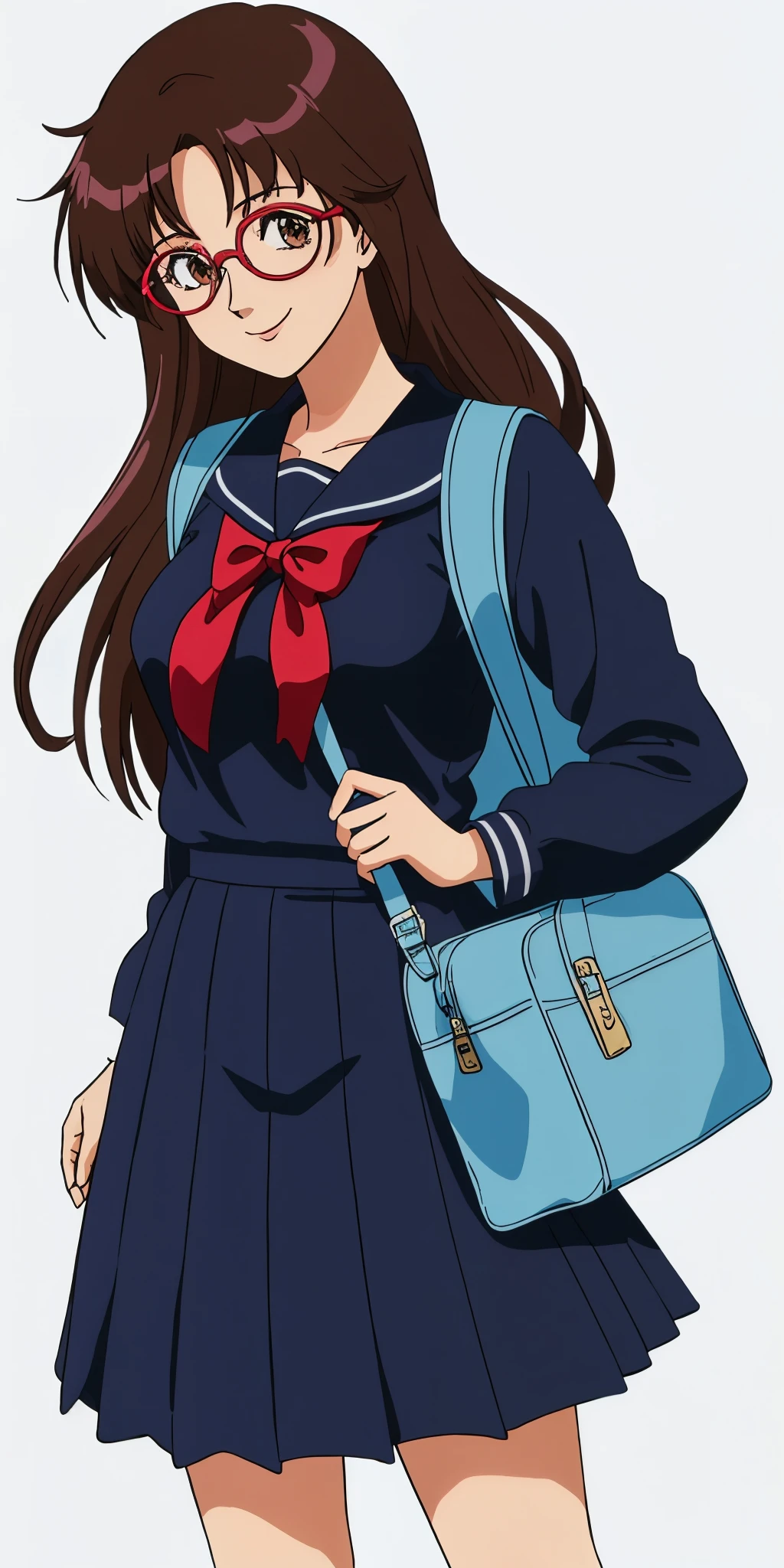 Young woman drawn in 80’s anime art style. 
Retro anime. Vintage Anime. Classical Anime. 
Black Dark Brown HAIR
Long Nihongami Hair
(Round Glasses)
(Round and Circle eyes)
(Light Brown eyes)
(Medium Sized Eyebrows)
(Freckles on Cheek)
(Light Tan Woman)
(Medium Breast)
Seductive Smile

She is wearing a sailor fuku (セーラー服, sērā fuku, sailor outfit) is a common japanese style of uniform worn by women, traditionally by high school female students. 

The uniform generally consists of a sailor-styled blouse attached with a (Navy blue sailor-style collar) and a Dark Navy Blue Sailor Blouse. The length of the long skirt goes down past her ankle.

A ribbon is tied in the front and laced through a loop attached to the sailor blouse. The color is the ribbon is red. (RED RIBBON)

(Dark Navy Blue Sailor Shirt)
(Dark Navy Pleated Skirt)

She is holding a brown briefcase and wearing a backpack. 
She is visiting a High School.

(Solo)
