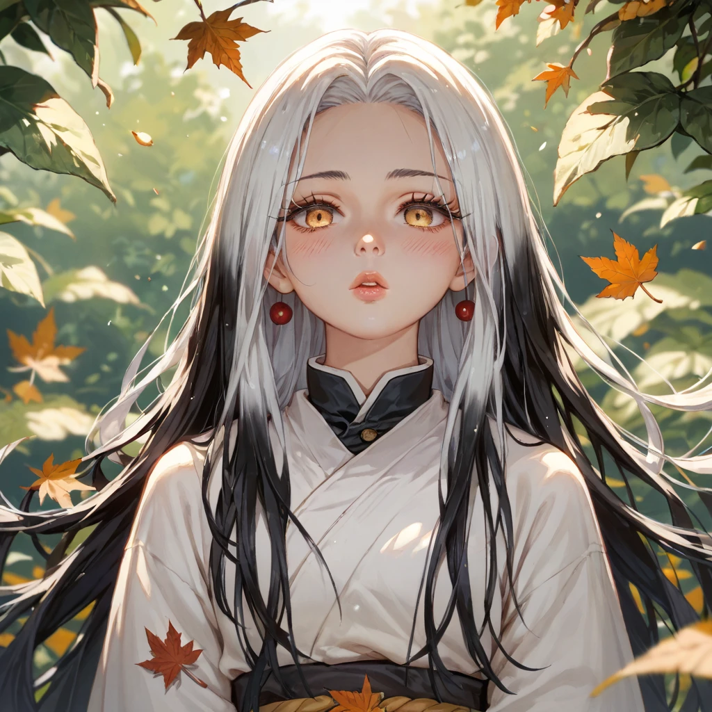 Long white hair, female, golden eyes, orangeish eyes, wearing leaf looking haori, demon slayer art style, 1girl, Solo, Long Hair, High Resolution, Black Hair, White Hair, Blush, Parted Lips, teenager, cherubic features, thick black eyelashes, plump lips