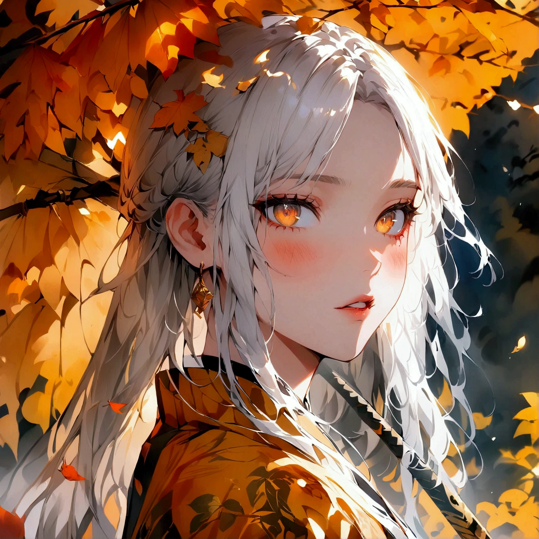 Long white hair, female, golden eyes, orangeish eyes, wearing leaf looking haori, demon slayer art style, 1girl, Solo, Long Hair, High Resolution, Black Hair, White Hair, Blush, Parted Lips, teenager 