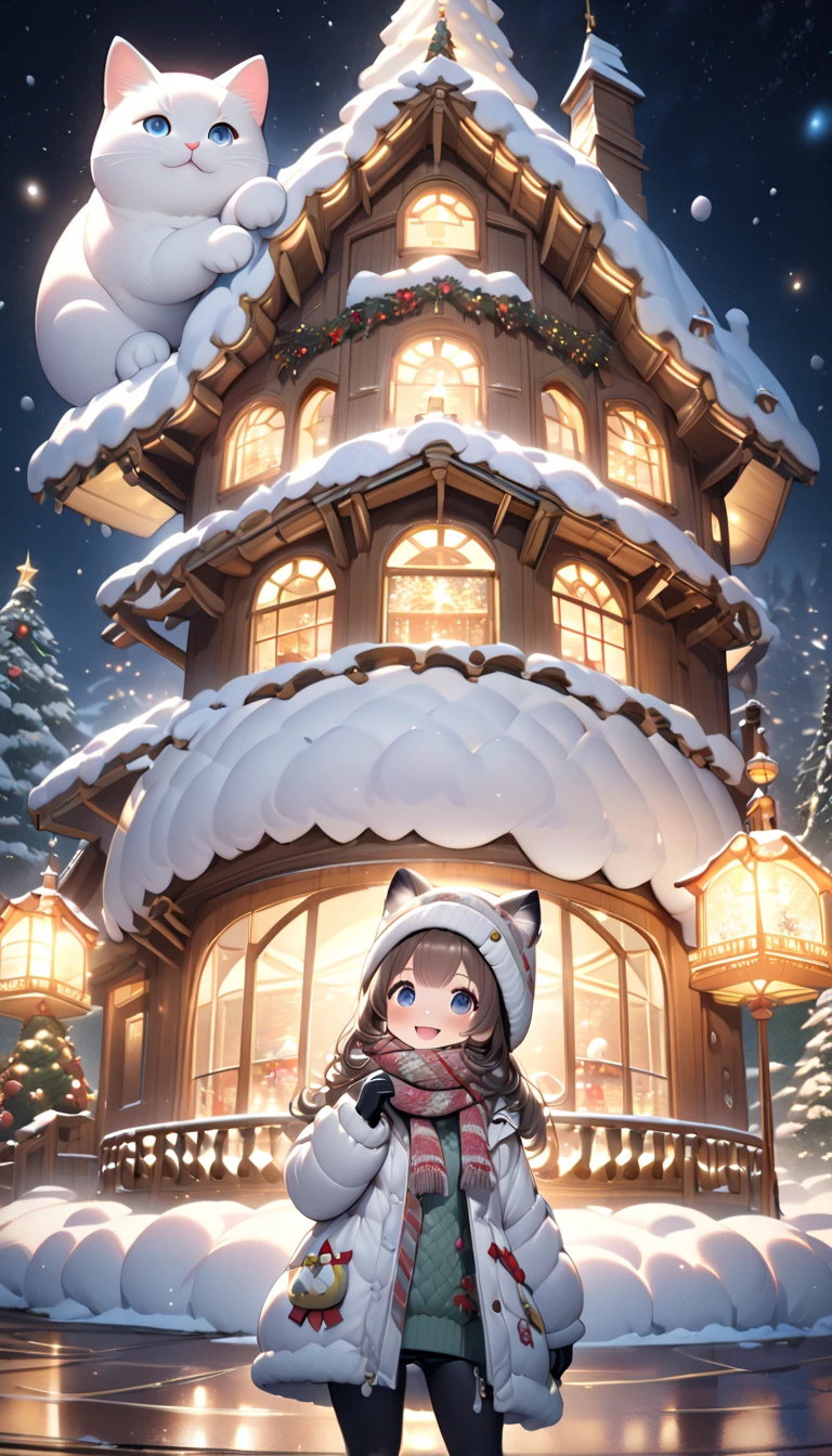 (masterpiece), (ultra-detailed, best quality, clear focus, dramatic scene, cinematic), shadow, (ultra-high resolution, 8k), perfect anatomy, perfect face, (detailed face), (detailed eye), (chibi), cute Japanese chibi girl, famous Japanese chibi idol, very beautiful and cute and cool face, (wearing an cute winter wear with warm pants with scarf and gloves:1.2), knit cap, (large breasts), (She is standing with her cat in front of the gorgeously decorated huge Christmas tree house that looks like a giant fat statue:1.3), at night, snow covered, deep snow, stormy, she is showing smile, dynamic angle, (a very cute giant fat cat is mewing with her), professional lighting, (detailed very cute fluffy cat:1.3), they looks so happy, (gorgeously decorated Christmas tree house with shining Christmas lights:1.3), (spectacular view of snow covered Christmas-tree-house with milky way:1.2)